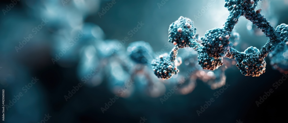 Poster intricate azure macromolecule digital render in elegant deep focus molecular arrangement visualizati