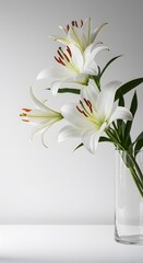 White lilies, elegant floral arrangement, casting a tranquil ambiance on a subtle cream background, Serene composition of beautiful white lilies with delicate shadows