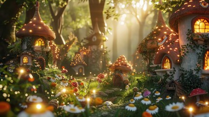 Whimsical Fairy Village Glowing in Golden Sunlight within a Lush Forest
