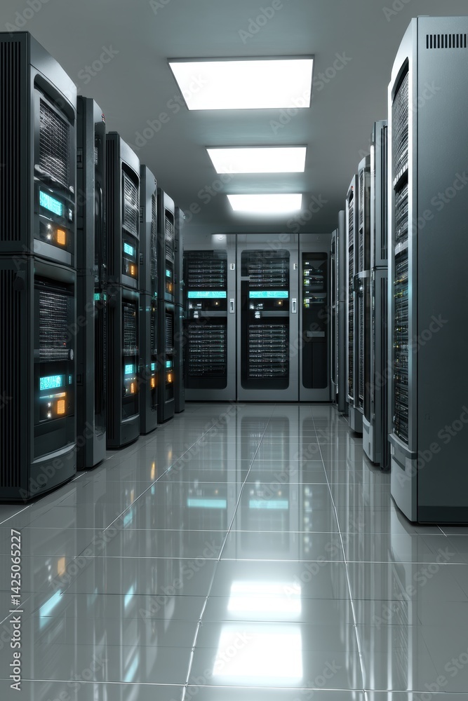 Poster data center servers creating technological landscape depicting digital infrastructure network storag