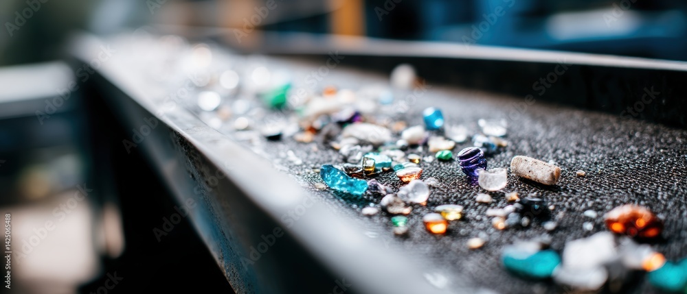 Poster vibrant recycled glass fragment array captivating macro shot showcasing colorful industrial gemstone