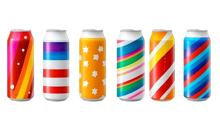 Colorful Aluminum Cans with Diverse Striped Designs on Black Isolated Background Photo