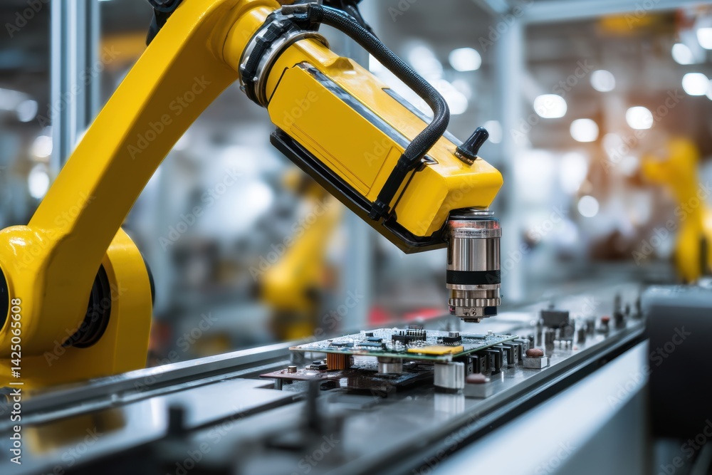 Aufkleber yellow robotic arm precision placement on circuit board manufacturing process automation machine vis