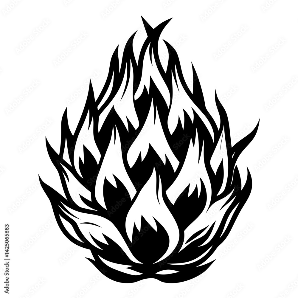 Poster dramatic monochrome illustration of stylized flames with sharp and dynamic design elements
