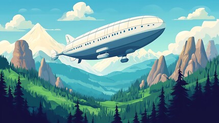 Airship soaring over mountain range.