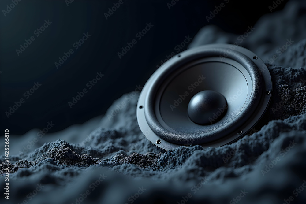 Aufkleber captivating close-up of a speaker cone emanating sound waves set against a futuristic abstract lands
