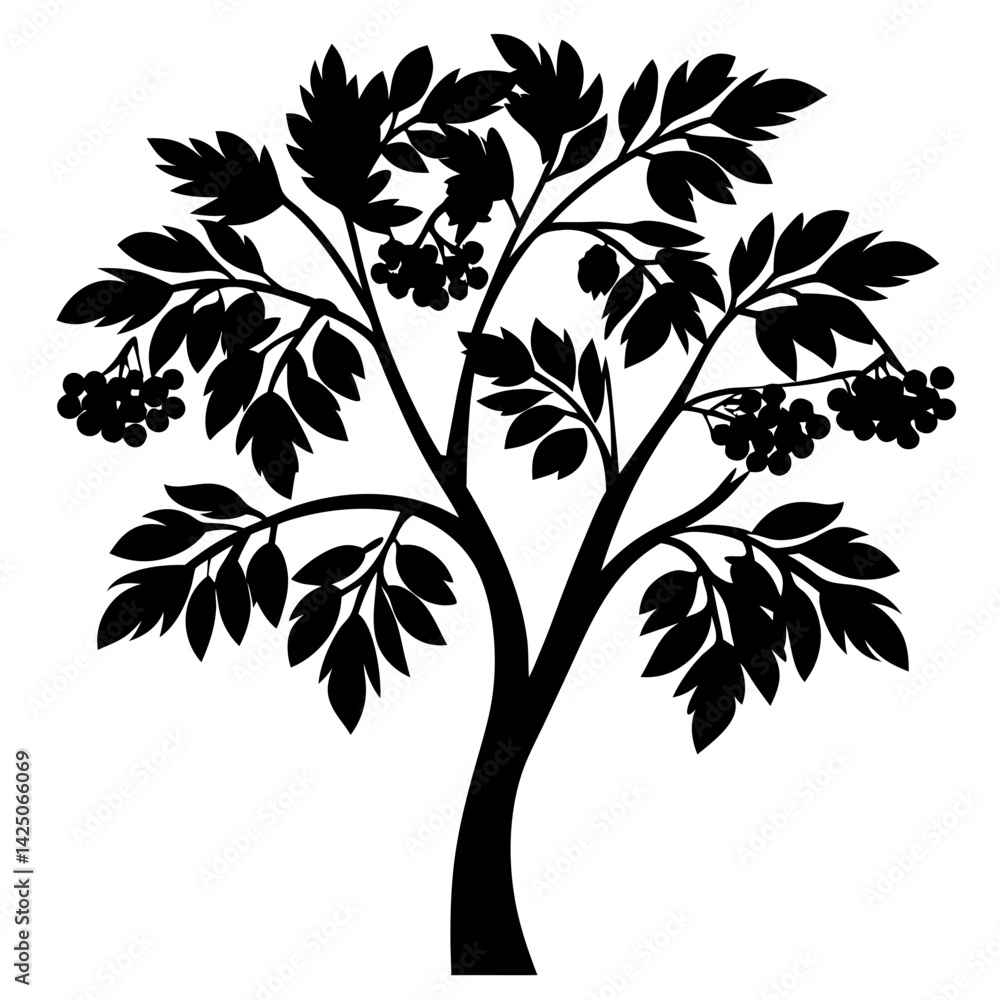 Poster silhouetted tree image with leaves and berries showing a simplistic illustration