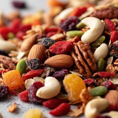 Fototapeta premium Delicious close up on various colorful mix of dried fruits and nuts for healthy eating concept shot in macro angle