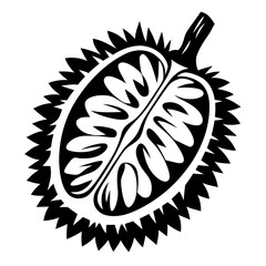 Black and white vector image of a durian fruit cut in half