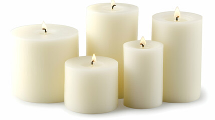 Five ivory pillar candles burning brightly on white background, ideal for home decor or relaxation imagery