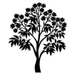 Obraz premium Elegant tree silhouette with flowers and leaves for botanical illustrations