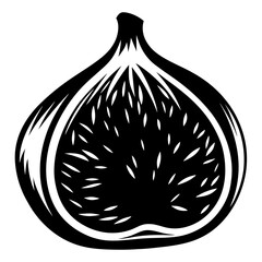 Black and white illustration of a fig cut in half showing seeds