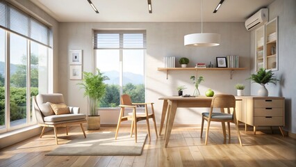 Fototapeta premium Wall Mounted Air Conditioner in Bright Room with Natural Light, Wooden Chairs, and Small Table - Ideal for Home Comfort and Interior Design Inspiration