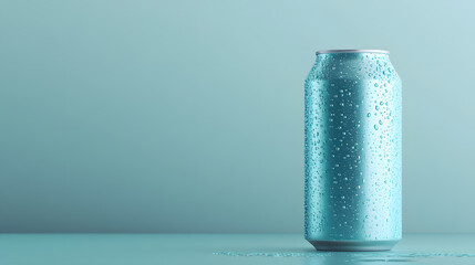 wet metallic can with shiny texture stands on minimal background, droplets enhancing its sleek design