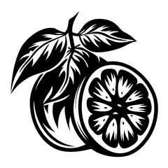 Monochrome vector illustration of an orange with leaves and sliced citrus