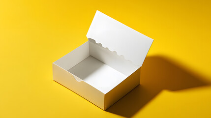 open white packaging box on vibrant yellow background, ideal for e commerce and product display