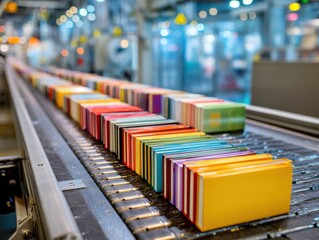 Colorful books aligned on production line vivid illustration of efficient industrial process book production