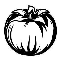 Stylized monochrome vector image of a tomato with detailed stem and leaves