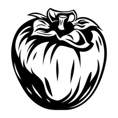 Monochrome fruit illustration of a persimmon with stylized leaves and stem