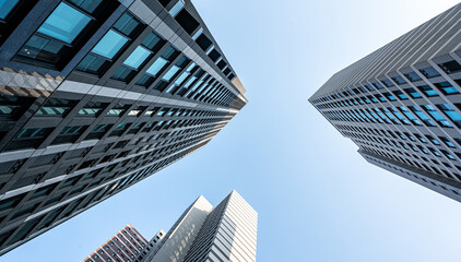 Modern High-Rise Office Buildings Against Blue Sky