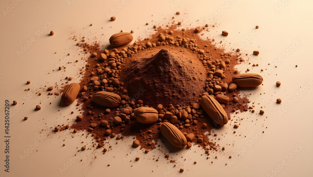 Poster captivating flatlay composition showcasing a burst of fine cocoa powder intertwined with brown almon