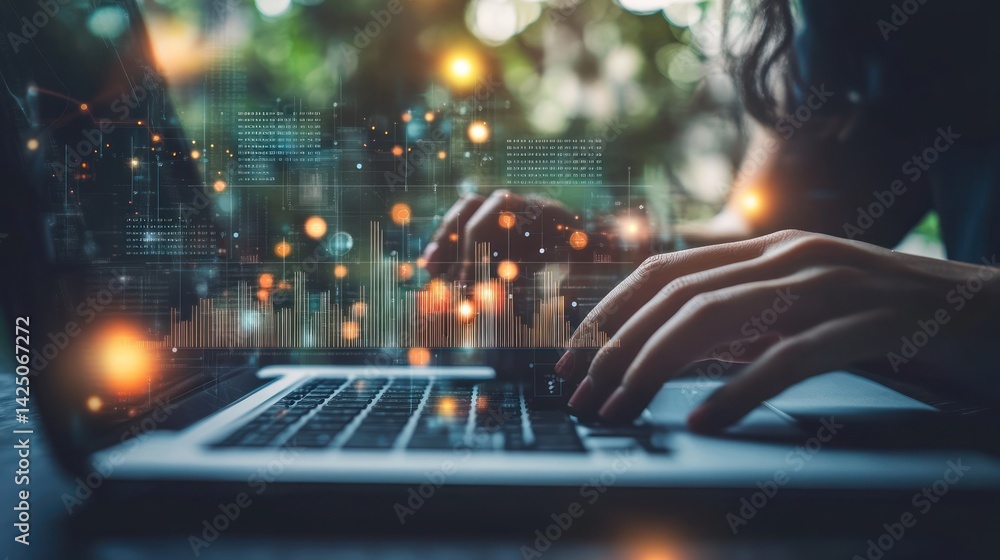 Poster person typing on a laptop with augmented reality interface overlaying the screen