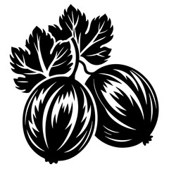 Stylized Gooseberry Illustration in Black and White with Detailed Leaf Structure