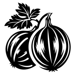 Black and White Graphic Illustration of Two Gooseberries with Leaves