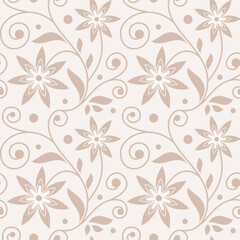 Beige seamless floral pattern with swirling vines and polka dots, perfect for fabric, wallpaper, or textile design