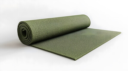 Rolled green yoga mat on white background, perfect for fitness and exercise branding