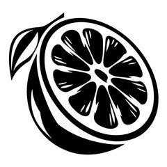 Black and white illustration of a halved citrus fruit with leaves