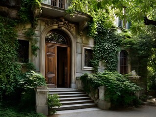 Obraz premium Ivy Covered House Entrance, Old Door, Steps - Architectural photogr.