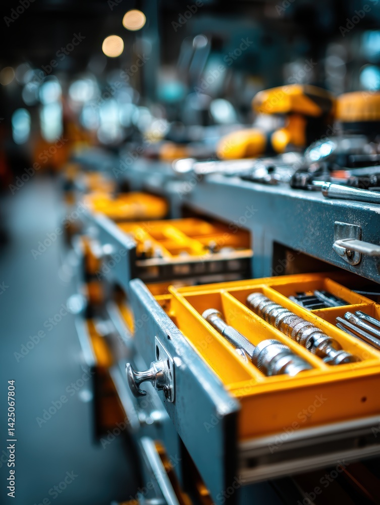 Poster mechanic workshop equipment organized storage in drawer toolbox with tools and wrenches set repair b