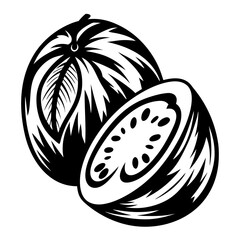 Monochrome Drawing of Guava Fruit Whole and Sliced with Seed Detail