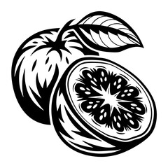 Black and white vector illustration of a stylized passion fruit still life