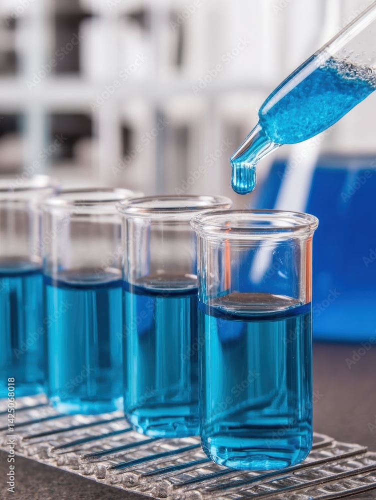 Poster a close up of blue liquid being poured into test tubes in a laboratory setting with analytical preci