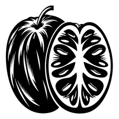 Monochrome image of a whole pomelo and a pomelo half illustration