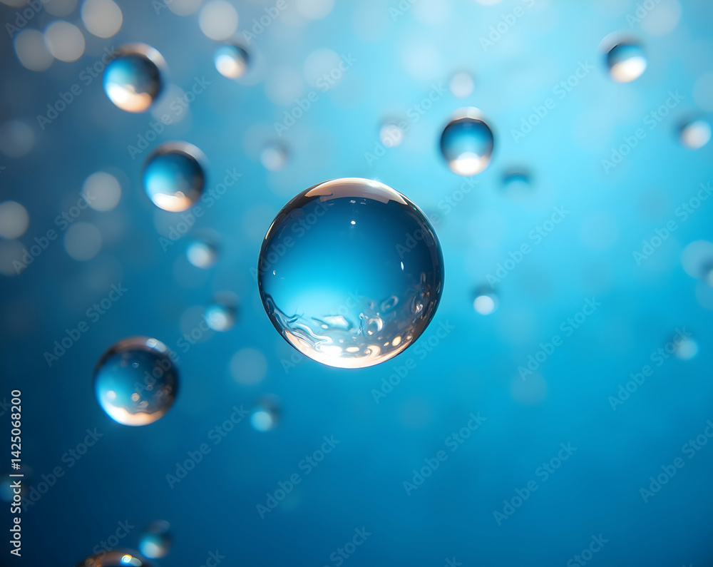 Poster captivating macro photograph showcasing crystal clear water droplets floating underwater against a b