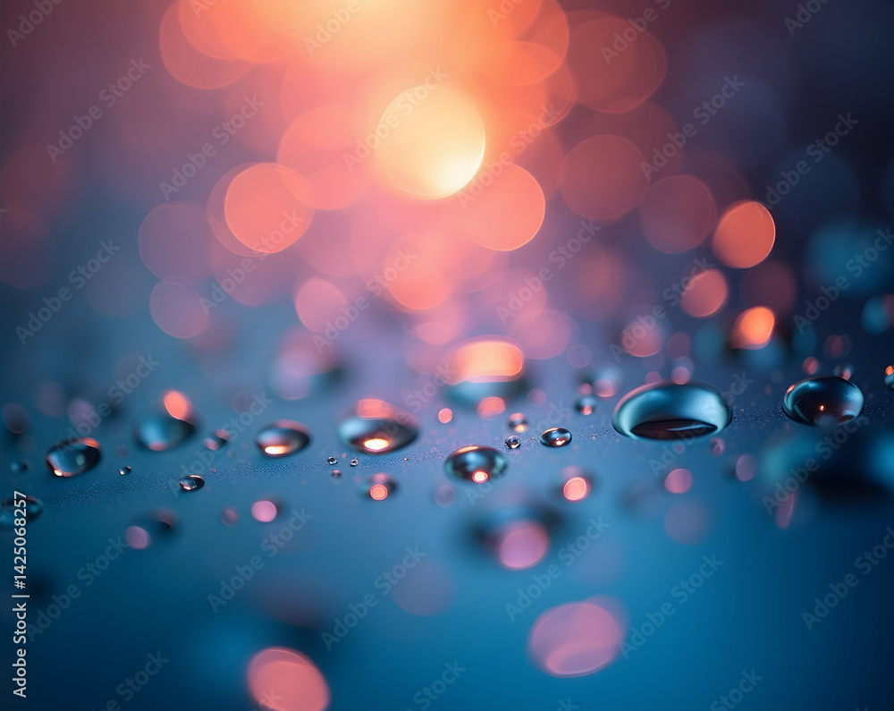 Poster captivating macro shot showcasing reflected light spots with soft gradient and water droplets, evoki