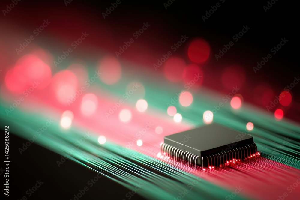 Poster sleek microchip on fiber optic cables illuminating data transmission in vivid light and circuit back