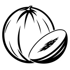Black and White Image of a Whole and Sliced Cantaloupe Melon
