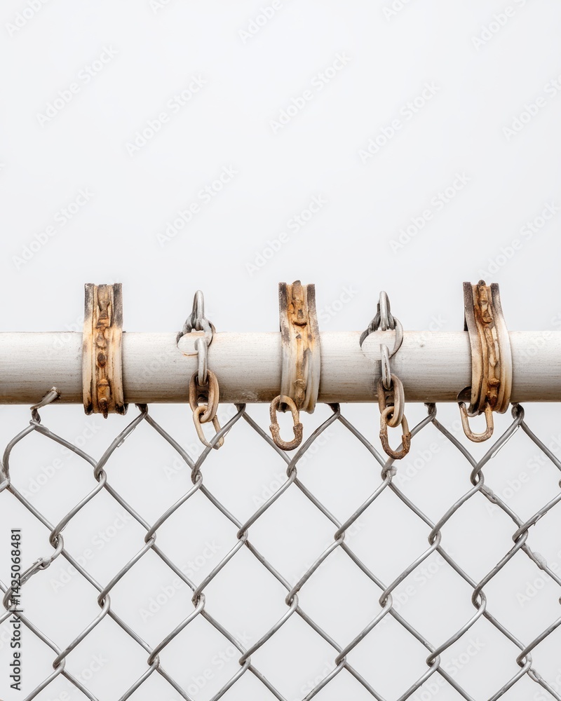 Poster metallic fence with rusty chains and brackets on a white background in high angle view
