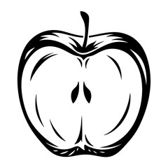 A cut apple illustration in black and white, vector design