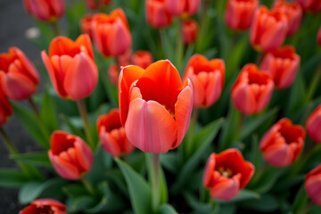 Fototapeta premium Captivating Overhead View of Vibrant Red Tulips in Full Bloom, Displaying the Delicate Beauty and Elegant Form of Springtime Flowers in a Garden Setting