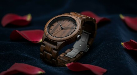 Wood Watch on Blue Velvet with Rose Petals
