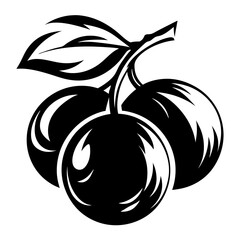 Monochrome illustration of three ripe plums hanging from a branch with leaves