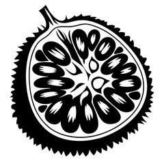 Graphic illustration of a cut spiky fruit with bulbous pulpy sections