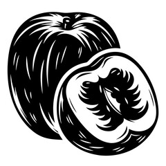 Stylized graphic illustration of two peaches, one whole and one cut in half