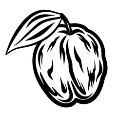 Elegant monochrome illustration of a guava fruit with leaf detail, isolated