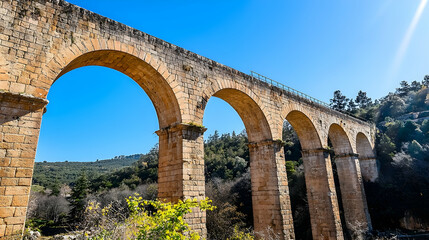 Fototapeta premium Ancient stone aqueduct arches against a clear blue sky, overlooking a valley landscape; perfect for historical, travel, or architectural websites and publications
